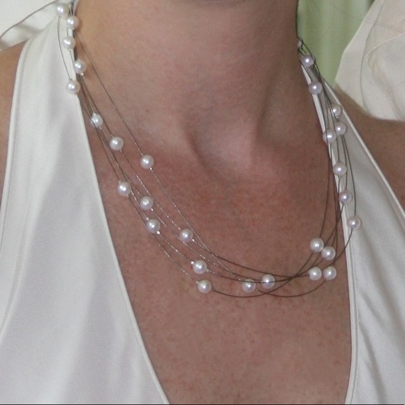 Illusion Necklace & Bracelet Set with floating cultured pearls sterling silver